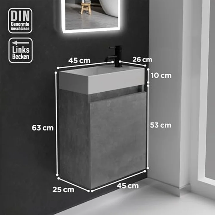 Alpenberger Badmöbel-Set Gäste WC Waschbecken mit Unterschrank - Badschrank Hängend, (Waschbeckenunterschrank mit Softclose, 2-tlg. Waschtisch Set Cement), Waschplätze für Kleine Bäder - Badschrank Hängend + Vormontiert – Bild 7