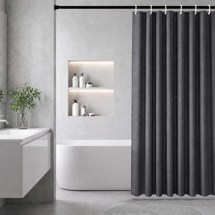 Sekey Duschvorhang Textil Duschvorhang Wannenvorhang Waschbar wasserabweisend mit Ringe Breite 180 cm (Packung, inkl. 12 Ringe), Badewannenvorh, 100% Polyester, Leinenoptik 180x200cm Graphitgrau