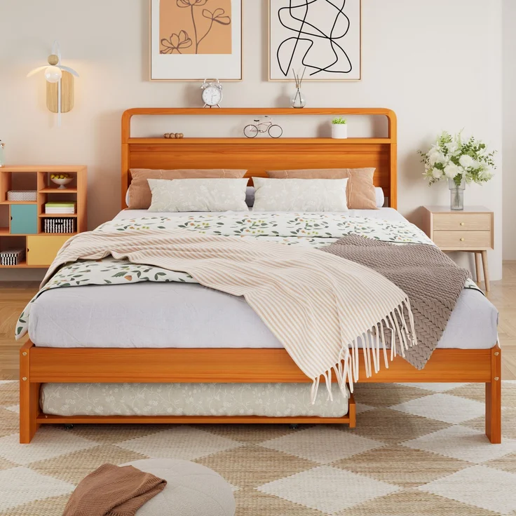Merax Holzbett, Doppelbett, Kinderbett, 140x200 cm, mit Ausziehbett 90x190 cm, Funktionsbett mit links/rechts montierbarem Gästebett, Natur – Bild 3
