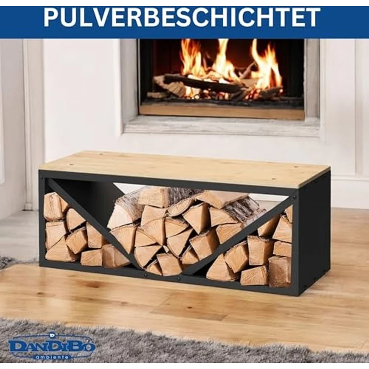 DanDiBo Kaminholzregal Innen mit Sitzbank Bank Metall Schwarz 96602 Brennholzregal Holzaufbewahrung Kaminholzständer Feuerholzregal – Bild 3