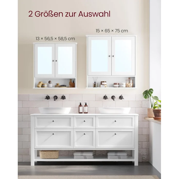 Vasagle Spiegelschrank 2 Spiegeltüren und Ablage, verstellbare Regalebene, 13 x 56,5 x 58,5 cm, weiß – Bild 6