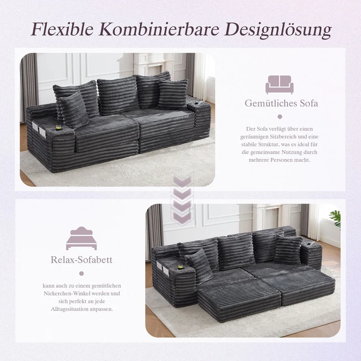ZUBALIYA Schlafsofa 98x87 cm, mit Stauraum, mit Treppe, mit Leiter, mit Cordbezug, mit Schaumstoffpolsterung, Dunkelgrau – Bild 5