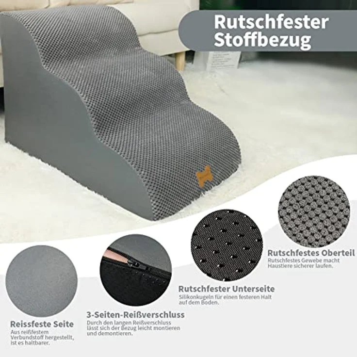Nepfaivy Hundetreppe für Kleine Hunde 3-Stufig, Haustiertreppe für Bett und Sofa aus Hochdichtem Schwamm, Hunde Treppe Hunderampe mit Abnehmbarem, Waschbarem Bezug und Rutschfestem Boden, 60 x 40 x 40 cm – Bild 5