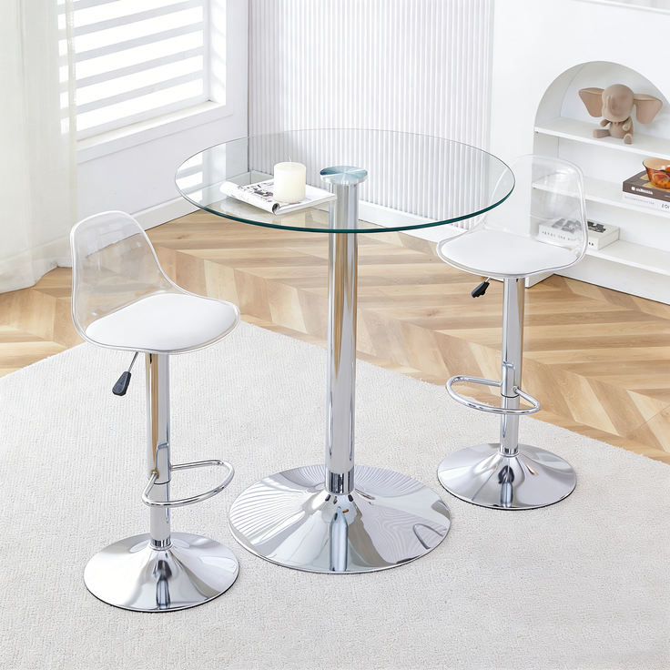 Flexibles Bar-Set: 89 cm Glastisch + 2 Hocker mit silberfarbenen Beinen, höhenverstellbar & drehbar.•Transparente Optik • 360°-Drehung • Vielseitig nutzbarSchafft visuelle Weite und spart Platz.--Silber, Transparent--51x49.5x50cm--YOUDENOVA