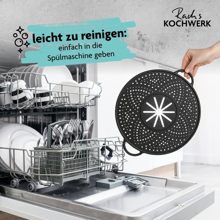 Rachs KOCHWERK Spritzschutzdeckel Silikon Überkoch- und Spritzschutz 31cm schwarz, für Pfannen und Töpfe Abgießhilfe Spritzschutz Dampfgarer Untersetzer – Bild 5