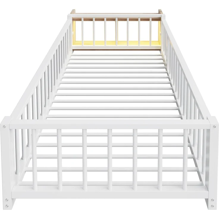 Kinderbett mit LED-Streifen, Regal, Zaun, Lattenrost und Tür, 90x200 cm, Einzelbett mit Rausfallschutz, Metallbett – Bild 7