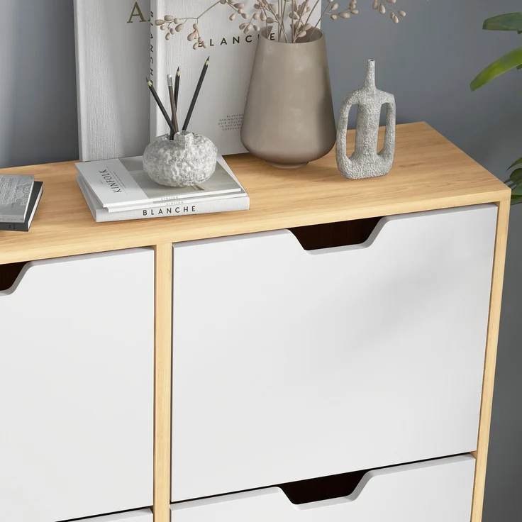 Schuhschrank mit 4 Klappen für 16 Paar Schuhe, mit verstellbarem Einlegeboden, Füße aus Kiefernholz, 95 x 26 x 95 cm, natur – Bild 10