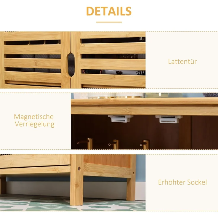 Kleankin Badkommode Badezimmerschrank, Badschrank (Beistellschrank mit 2 Lamellentüren, Innenregalen, 1 St, Bambus Aufbewahrungsschrank für Badezimmer), 68 x 32 x 86 cm, Natur – Bild 6