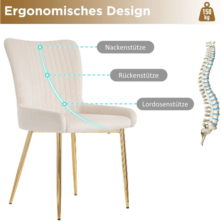Esszimmerstuhl 2er-Set, Samt mit Metallgestell, Lounge-Design, 85x43x47, beige/gold – Bild 6