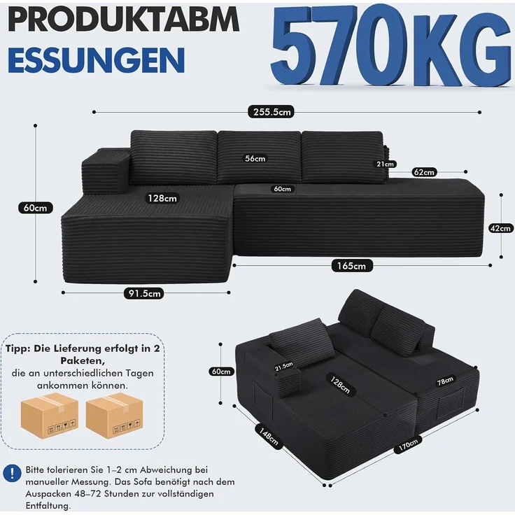 COMHOMA Ecksofa mit Schlaffunktion, 255cm Corduroy Modulares Boneless Couch mit Chaiselongue & Rücken-Metallgestell, L-Form Schlafsofa mit offenem Design, Kissen & Seitentaschen,für Wohnzimmer,Schwarz-R – Bild 3