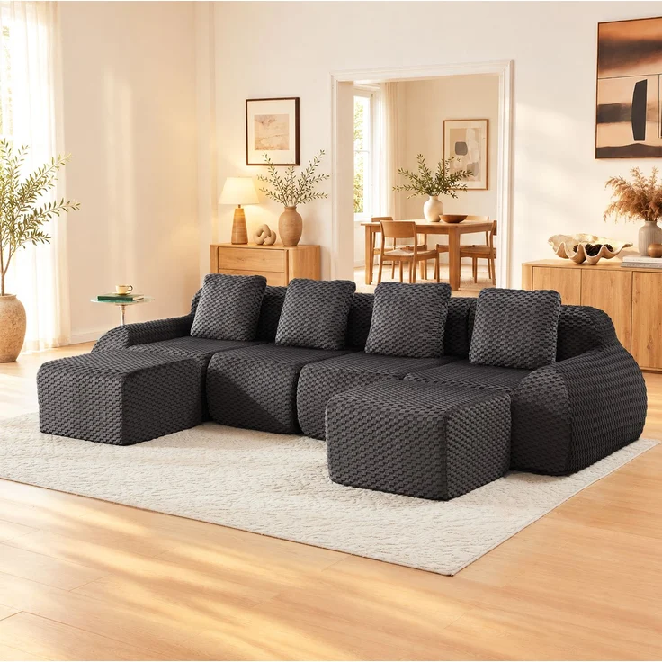 Merax Modulares Sofa U-Form/L-Form, 6-Sitzer Wohnlandschaft für Wohnzimmer, Rahmenloses Vollschaumsofa mit 74 cm Sitztiefe, Breiten Armlehnen und 2 Beweglichen Ottomanen, Montagefrei, Grau – Bild 3
