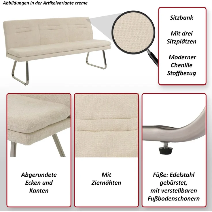 Sitzbank HWC-H70, Esszimmerbank Bank Polsterbank, Lehne Stoff/Textil Chenille Edelstahl gebürstet 180cm ~ blau-grün – Bild 2