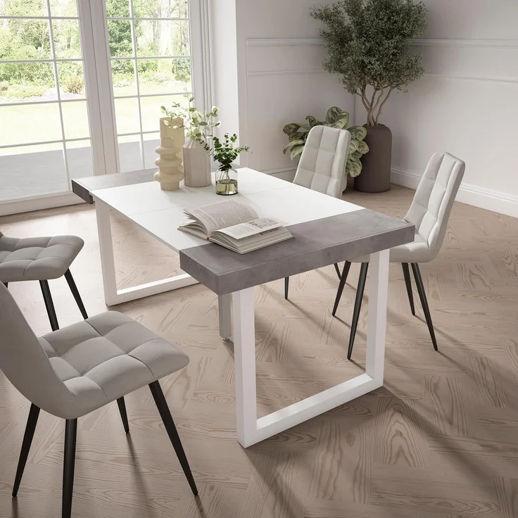 Skraut Home | Ausziehbarertisch | Multifunktionaler ausziehbarer | 160 | Für 8 Gäste | Massivholz Beine | Moderner Stil | Mattweiß und Zement – Bild 2