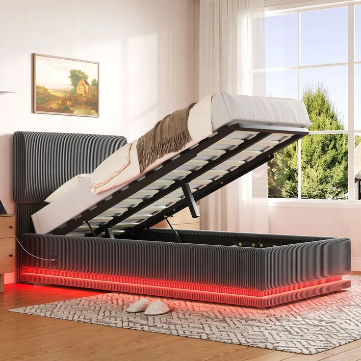 TavilaEcon Boxspringbett Moderne Polsterbetten mit LED-Beleuchtung und USB-C-Ladefunktion grau Liegefläche 90 × 200 cm – Bild 6