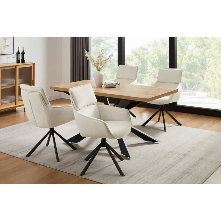 OTTO home Essgruppe Cusey, besteht aus einem Esstisch und vier Stühlen, (Set, 5-tlg, Stühle drehbar, Esstisch 160 cm, 4 cm starke Tischplatte), kratzfester Tisch in Holzoptik, drehbare Stühlen, atmungsaktivem Stoff