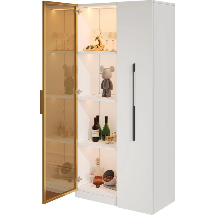 ZUBALIYA LED-Glasvitrine, integrierte LED-Beleuchtung, Türen aus gehärtetem Glas, mit Schubladen, H 160 × B 70 × T 40 cm, Weiß, viel Stauraum, für Wohn- und Essbereich – Bild 7