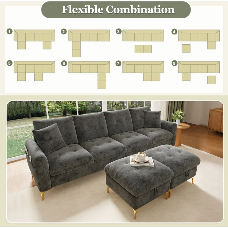 ZUBALIYA SchlafSofa mit Stauraum, mit Chenille - Bezug, mit Samtbezug, mit Knopfheftung, mit breiten Armlehnen, Grau – Bild 15