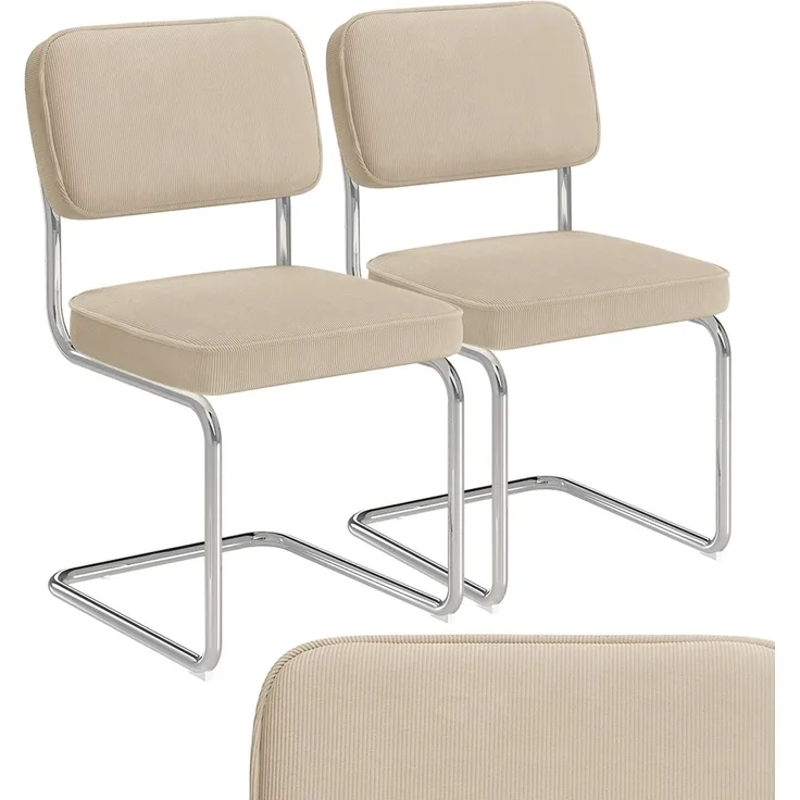 skølm 'Thund' Esszimmerstühle 2er Set, beige, Polsterstuhl aus Cord mit verchromten Metallgestell, Schwingstuhl bis 120 kg belastbar