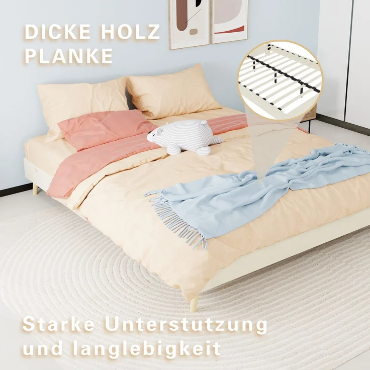 Novelux Modernes Bettgestell 160x200 cm Beige Samt - Plattformbett ohne Kopfteil, Minimalistisches Holzbett, Niedriges Bett für Modernes Schlafzimmer – Bild 5