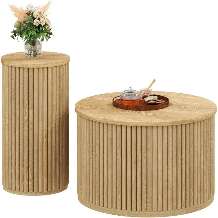 BlingBin Couchtisch Beistelltisch Wohnzimmertisch (1-St, Doppelter runder Tisch), 60 x 60 x 38,5 cm + 30 x 30 x 56 cm, Natur