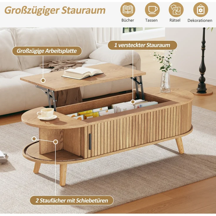 Couchtisch 120x50x39,5 cm höhenverstellbar mit verstecktem Stauraum aus MDF in Naturholzoptik – Bild 8