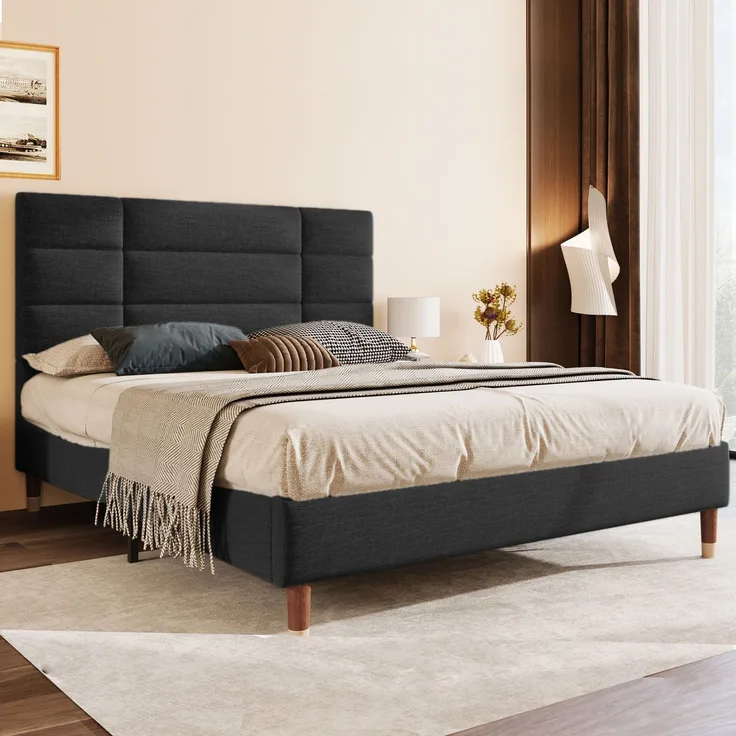 Polsterbett 140x200 cm Doppelbett mit Lattenrost und Kopfteil, Leinenbezug in Schwarz, für Erwachsene & Jugendliche
