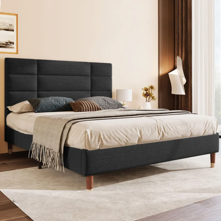 Polsterbett 140x200 cm Doppelbett mit Lattenrost und Kopfteil, Leinenbezug in Schwarz, für Erwachsene & Jugendliche – Bild 1