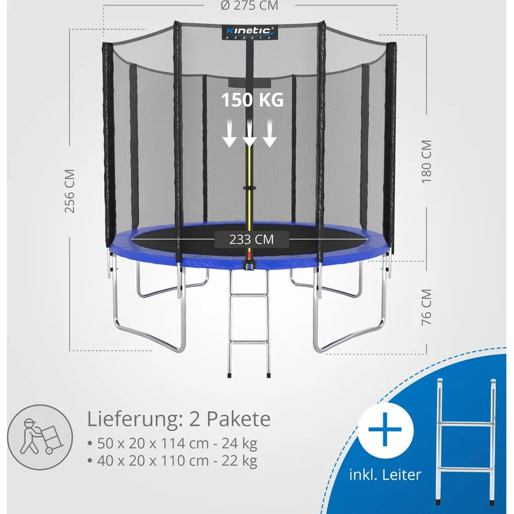KINETIC SPORTS Trampolin Outdoor SALTO - Kindertrampolin Gartentrampolin Set mit Leiter, Netz, Randpolster, USA Sprungtuch, bis zu 160kg, Blau-4, Ø 275 cm – Bild 7