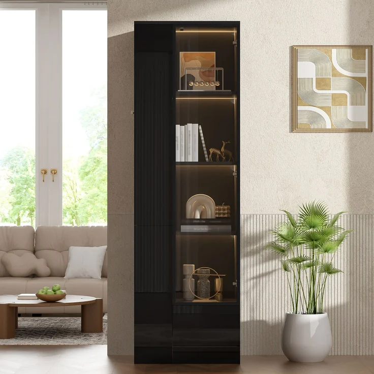 Vitrine mit Glastür & LED-Beleuchtung – Hochglanz-Schrank mit Schubladen & offenen Fächern, viel Stauraum für Wohnzimmer & Esszimmer, Schwarz, 50x35x160 cm – Bild 6
