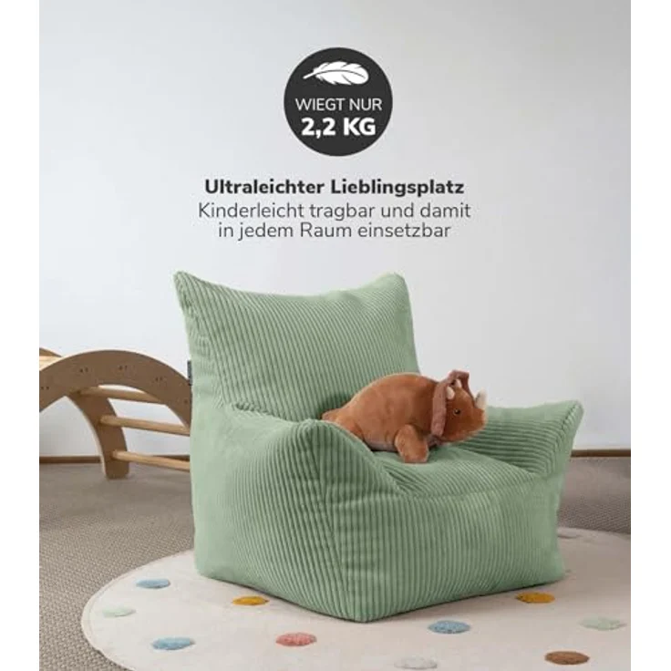 mokebo Kindersessel aus Cord Der Pausenheld, ergonomischer Kindersitzsack in Grün mit erhöhter Rückenlehne für Kinder von 2 bis 6 Jahren – Bild 3