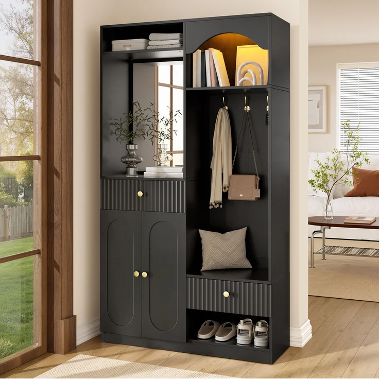 DESVIAE Garderobenschrank mit LED-Beleuchtung und Spiegel 100x180x35 cm MDF Schwarz – Bild 2