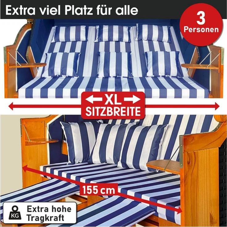 BRAST Strandkorb 3-Sitzer XL für 2-3 Personen, 155cm breit, 2 Designs, BxTxH: 155x78x160 cm, Volllieger, Ostsee, (verstellbare Rückenlehne), Tragkraft bis zu 500kg – Bild 2