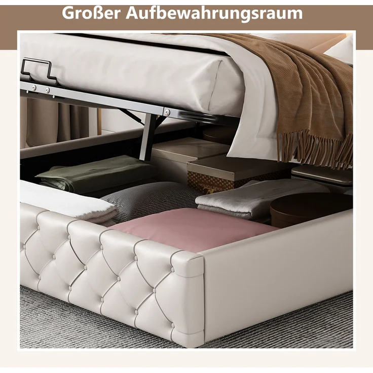 Polsterbett in Weiß 207*182*99cm , mit LED Beleuchtung und Bettkasten, modernes Bettgestell – Bild 7
