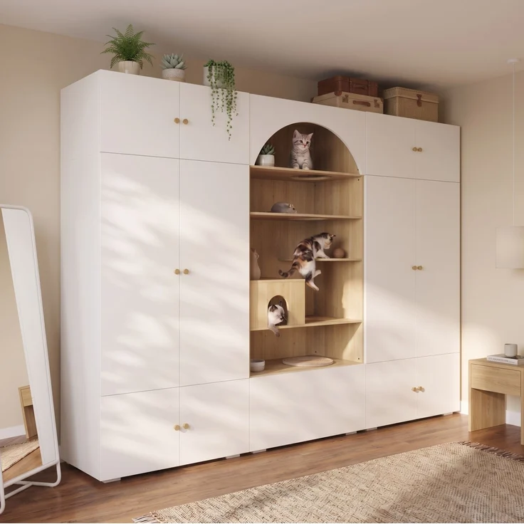 Kleiderschrank 270 x 50 x 200 cm in Weiß und Holzoptik mit Katzenkletterwand und Kleiderstange – Bild 3