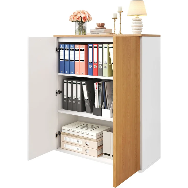 Aktenschrank aus MDF mit Lamellenfront & Soft-Close, 80x40x110 cm, Weiß/Eiche – Bild 7