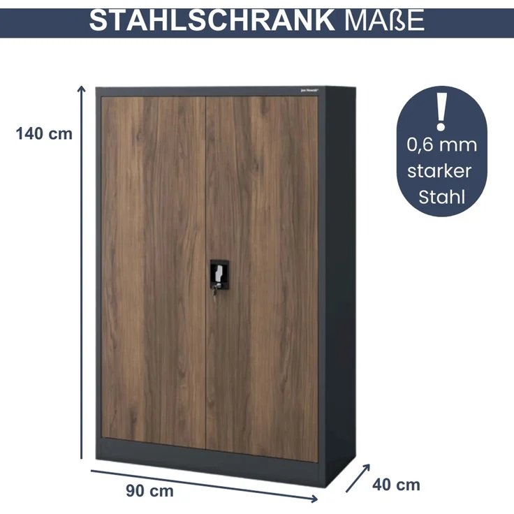 Aktenschrank abschließbar KADO - 4 Ebenen verstellbar, Flügeltüren | Metallschrank Werkstatt Mehrzweckschrank Büroschrank aus Stahl Werkzeugschrank, 140x90x40cm Anthrazit-Nussbaum – Bild 2