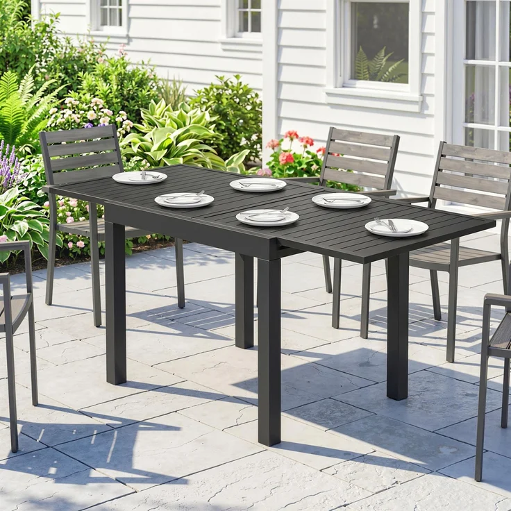 Ausziehbarer Gartentisch für 4–6 Personen mit integrierter Verlängerung, Aluminium, 80–160 x 80 cm, schwarz – Bild 3