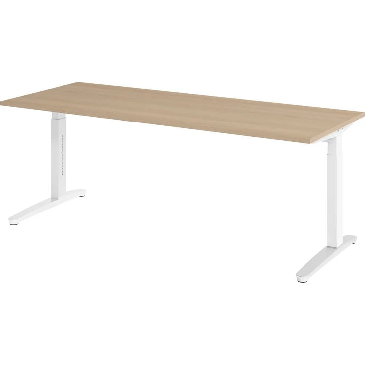 bümö manuell höhenverstellbarer Schreibtisch 200x80 in Eiche, Gestell in weiß/alu - PC Tisch höhenverstellbar & groß, höhenverstellbarer Tisch Büro, großer Computertisch verstellbar, X20-E-WC – Bild 1