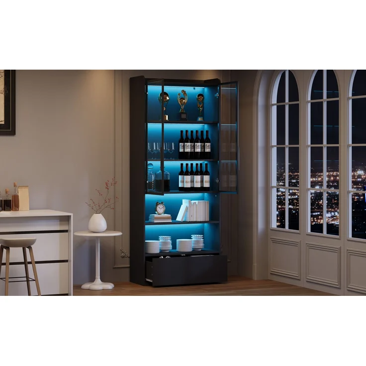 80*34*180cm Vitrine, Hochschrank mit 1 Schubladen und Glasschranktüren, Hochschrank Glasvitrine mit LED und Offene Partition, Standregal Schrank Vitrine,Wohnzimmerschrank mit Glastüren, Schwarz--Schwarz--80x34x180cm--YOUDENOVA – Bild 9