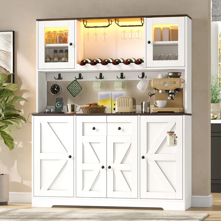 Küchenschrank, hoher Schrank mit LED-Beleuchtung und Steckdosen, Vorratsschrank mit Acrylglastüren, Weinregalen und Weinglashaltern, Vitrinenschrank für Wohnzimmer & Esszimmer, 140 × 40 × 173 cm--Weiß--140x40x173cm--YOUDENOVA