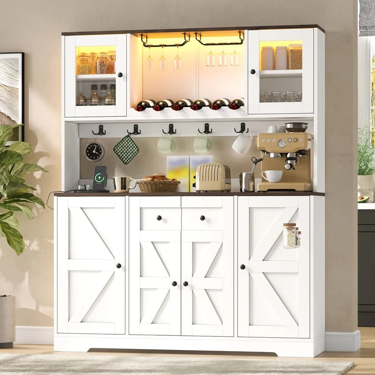 Küchenschrank, hoher Schrank mit LED-Beleuchtung und Steckdosen, Vorratsschrank mit Acrylglastüren, Weinregalen und Weinglashaltern, Vitrinenschrank für Wohnzimmer & Esszimmer, 140 × 40 × 173 cm--Weiß--140x40x173cm--YOUDENOVA – Bild 1