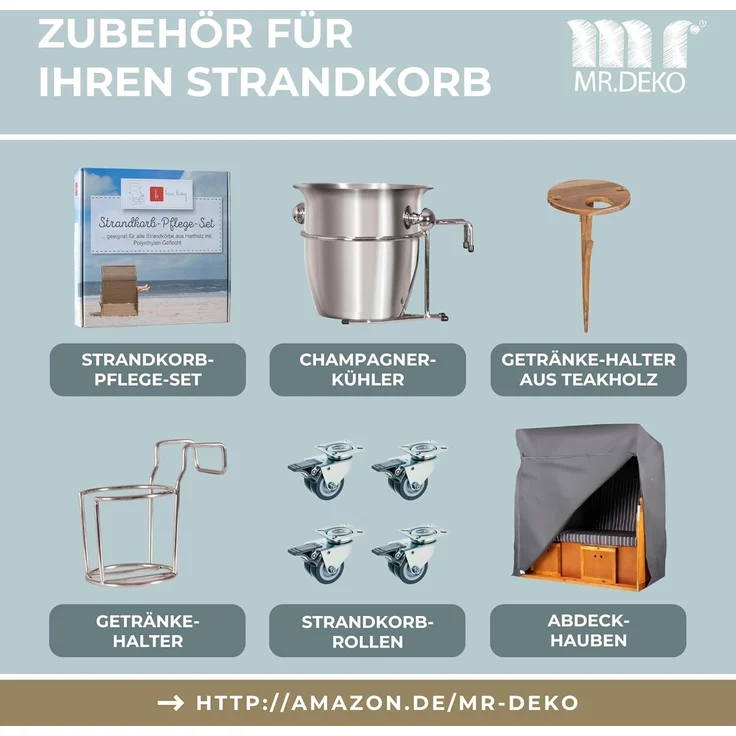 MR. DEKO Strandkorb 2-Sitzer Schleswig Pinie Braun PE Mokka, aufgebaut geliefert, BxTxH: 120x80x160 cm, 2-Sitzer, Schleswig, (Zweisitzer Strandkorb mit Bistrotischen & Fußstützen), Bereits montiert, UV-beständig, Volllieger & Edelstahl-Beschläge – Bild 6