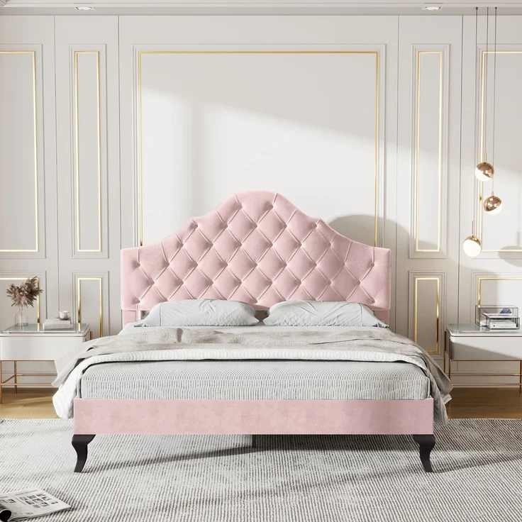 Polsterbett 203*140*118-124cm mit höhenverstellbarem Kopfteil, attenrost und Samtbezug,Rosa – Bild 2