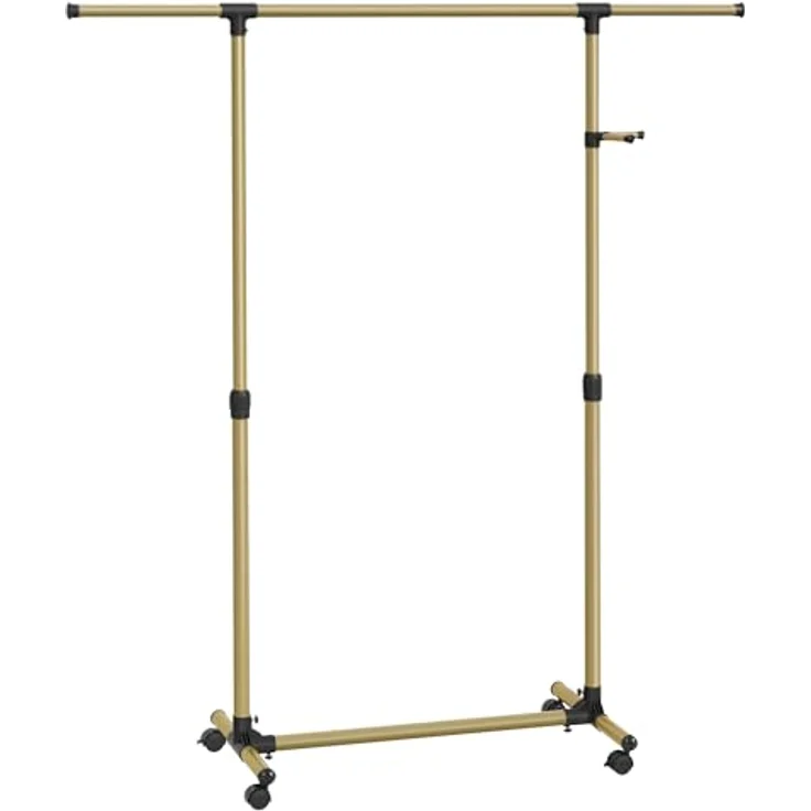 SONGMICS Kleiderständer auf Rollen, Kleiderstange, höhenverstellbar zwischen 97 und 165 cm, ausziehbare Garderobenstange, Garderobenständer, seitliche Haken für Accessoires, blassgold LLR001A01 – Bild 1