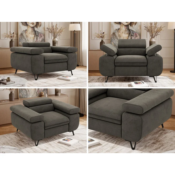Einzelsessel, Polstersessel PETER mit verstellbaren Armlehnen und Kopfstütze, 1-Sitzer Sofa, Ohrensessel, Wellenfeder - Dunkelgrau Velvet – Bild 2