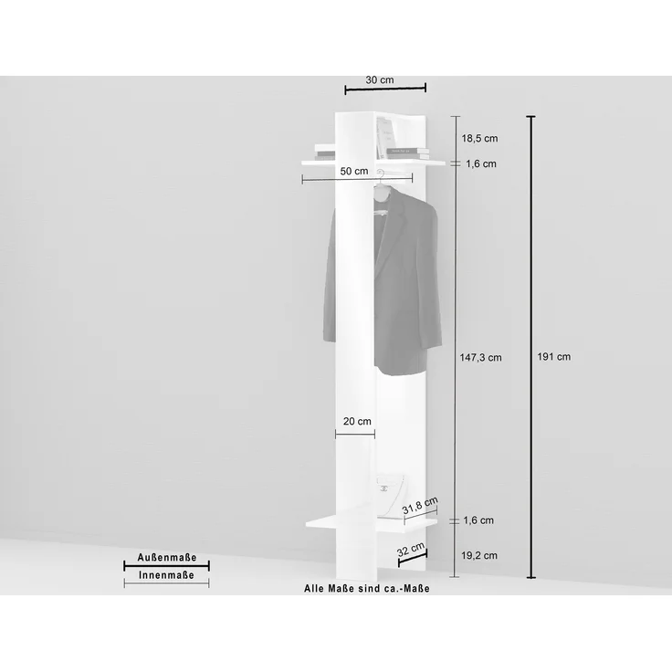 Kompaktgarderobe >Anzio< in Weiß Hochglanz - 50x191x35cm (BxHxT) – Bild 4