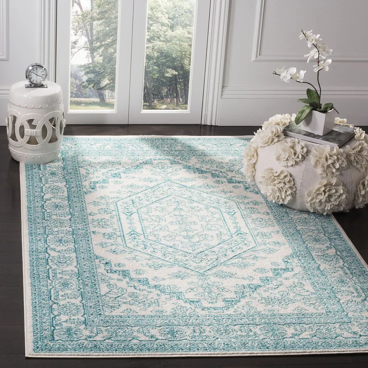 SAFAVIEH Traditionell Teppich für Wohnzimmer, Esszimmer, Schlafzimmer - Adirondack Collection, Kurzer Flor, Elfenbein und Blaugrün, 155 X 229 cm