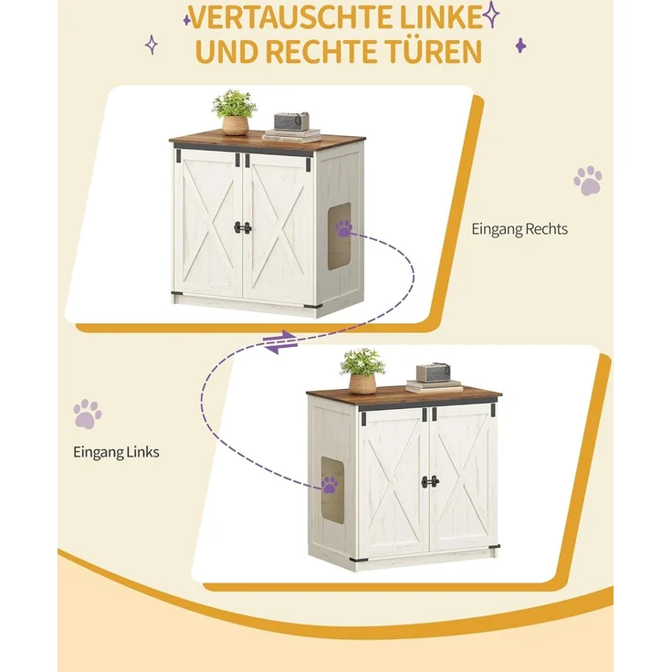 Katzenklo Schrank, Verstecktes Katzenschrank mit Stauraum, Katzenhaus mit Magnetischen, Bauernhausstil, 80 x 50 x 79,5 cm, Geeignet für Flur, Schlafzimmer, Vintagebraun-Weiß – Bild 6
