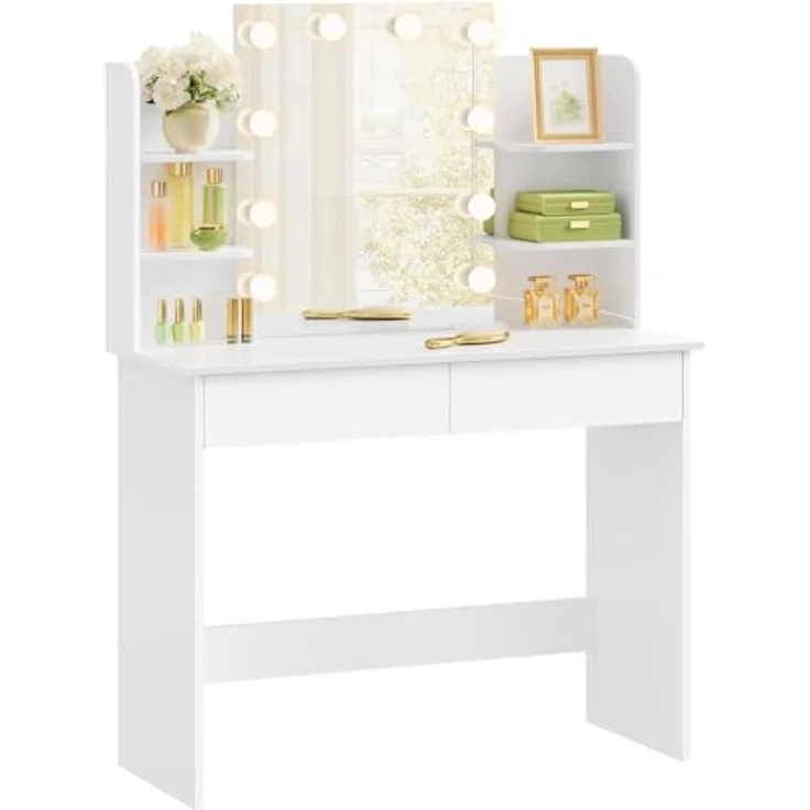 WOLTU Schminktisch Hollywood mit LED-Beleuchtung, Spiegel, 2 Schubladen und 4 offene Ablagen, Holz weiß, 90 x 135 x 40 cm – Bild 10