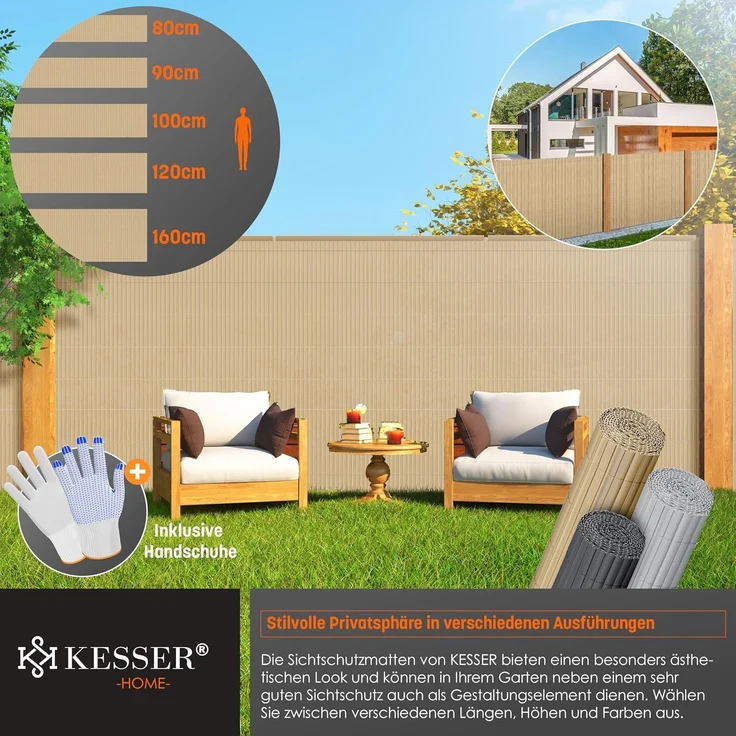KESSER® PVC Sichtschutzmatte Sichtschutzzaun 80x300 cm | Balkonverkleidung Windschutz | verstärkte Lamellen für Garten Balkon & Terrasse | Balkonumrandung inkl. Kabelbindern & Abdeckung Bambus – Bild 3